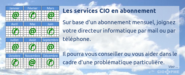 Les services CIO en abonnement : sur base d'un abonnement mensuel, joignez votre directeur informatique par mail ou par téléphone. Il pourra vous conseiller ou vous aider dans le cadre d'une problématique particulière.